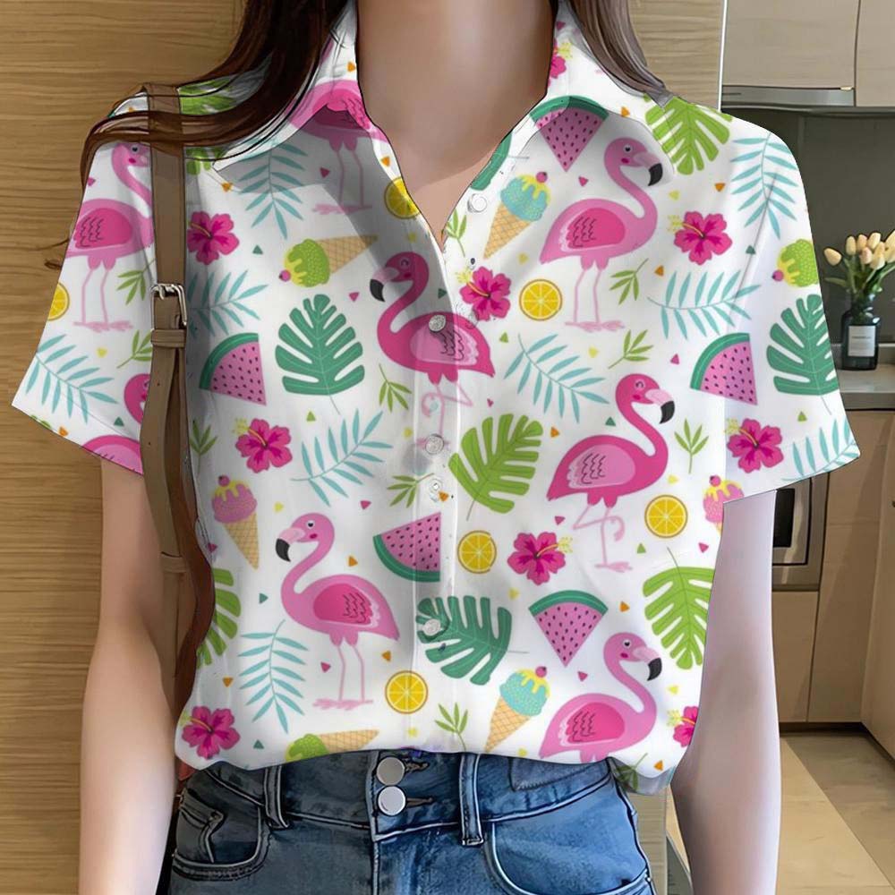 Womens Shirts Animal Cartoon flamingo 3D Printed Casual Hawaiian Short Sleeve Button Beach Shirt Summer y2k Women's Clothes