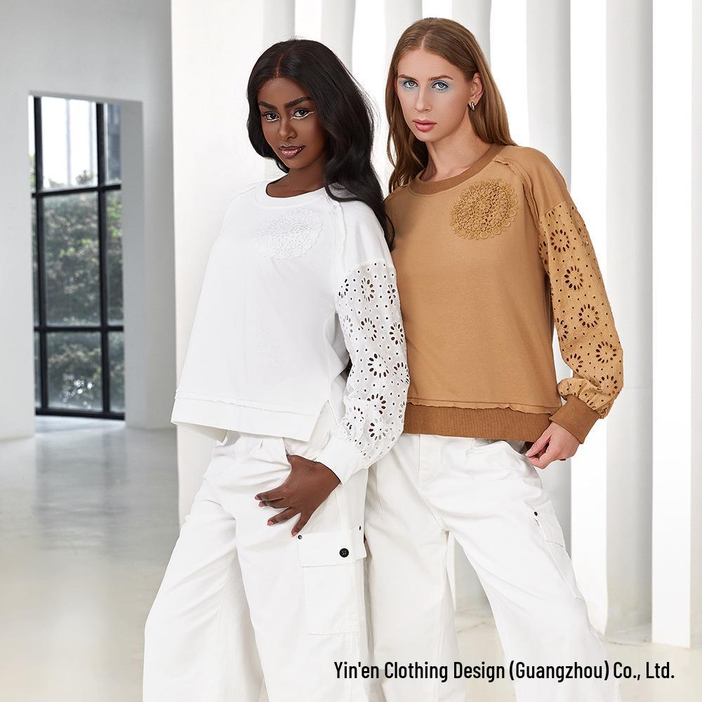 Solid Color Crochet Patchwork Long Sleeve Hoodie