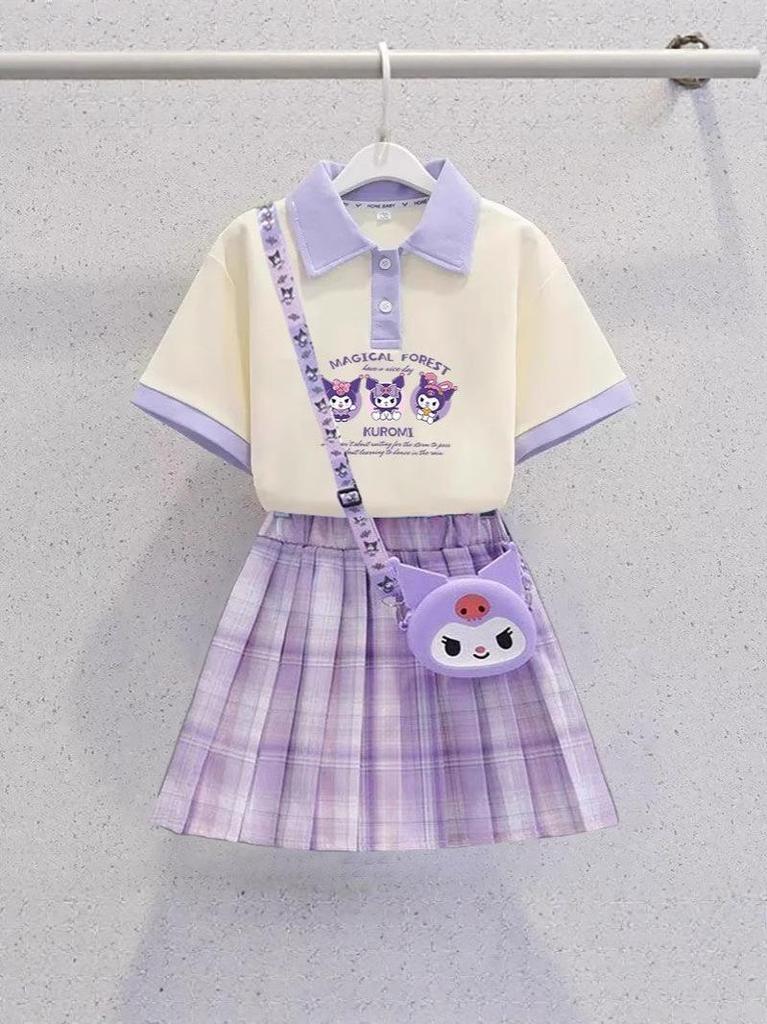 Kuromi Girls' Summer Cartoon JK Skirt Set - Short Sleeve Dress for Middle and Big Kids
