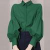 Vintage Blouse Women 2022 Autumn Spring Elegant Fashion Lantern Sleeve Shirt Lady Lapel Loose Striped Tops Green Button Up Shirt