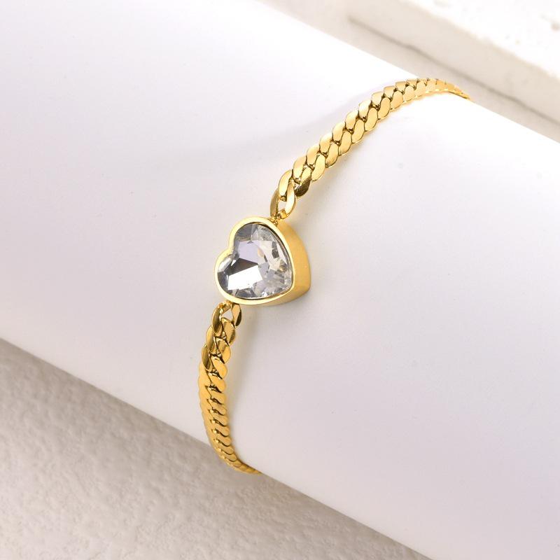 Elegant European & American Heart Necklace & Bracelet Set for Women, 18K Gold-Plated Titanium Steel with Gemstones, Non-Fading