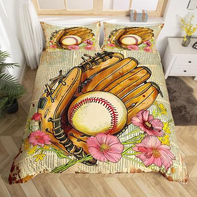 Kids Baseball Bedding Set Ball Sports Duvet Cover Set Single King for Boys Teens Polyester Baseball Bat Gloves Comforter Cover