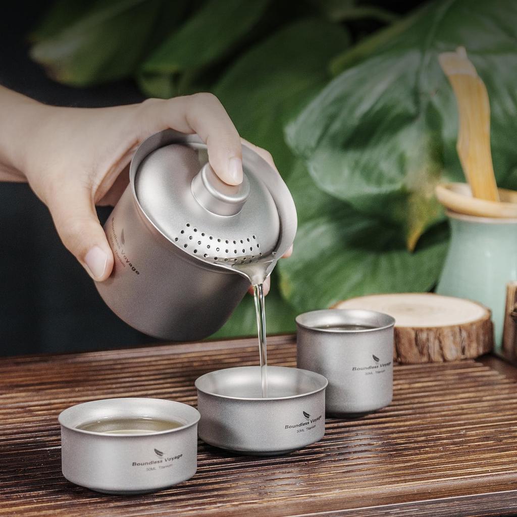 Boundless Voyage Titanium Kyusu Portable Teapot for Outdoors and Includes Storage Bag of 3 Kyusu and Teapot, 125ml, Heat-Resistant, Double-Walled,