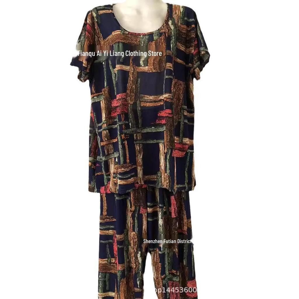 Zweiteiliges gestreiftes Eis seide Outfit im Oma-Stil für ältere Menschen