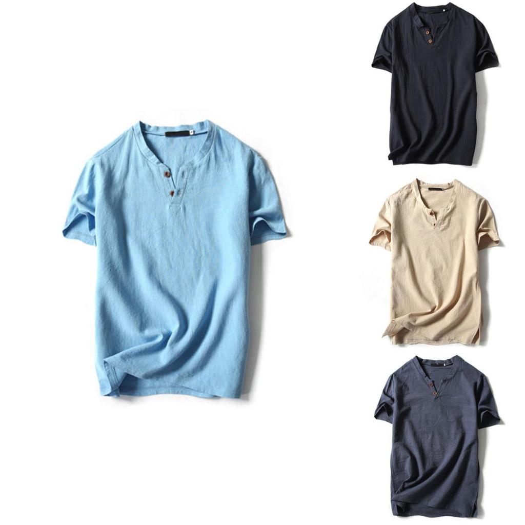 Premium Quality Men Brief T-shirt Summer V-neck Cotton Linen Blouse Top Tee Shirt Plus Size