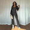 Damen 2-teilige Trainingsanzüge Reißverschluss Kapuzenpullover und Schlaghosen Gerippte Strick-Outfits Sexy Bodycon Workout-Trainingsanzüge