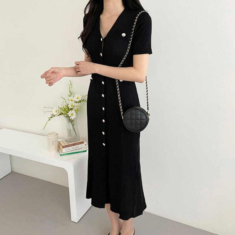 Knitted Black Bodycon Korea Style Ruffle Ladies Short Sleeves Midi Dresses Elegant Casual V-neck Mermaid Dress for Women Summer 2026