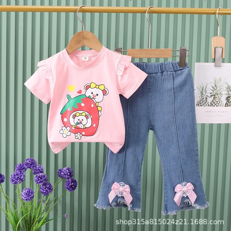 Girls Summer Cute Cartoon Short Sleeve Tee And Bow Knot Jeans Two Piece Set Casual Outfit