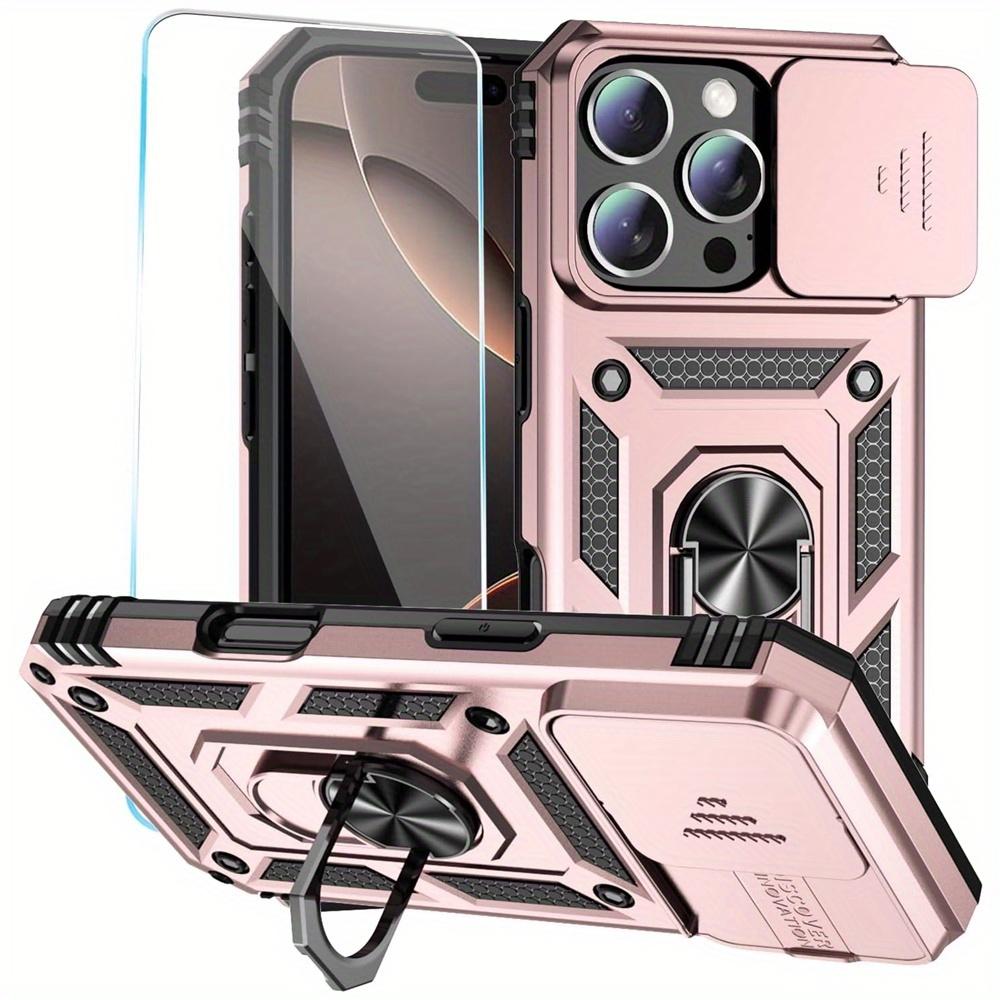 For iPhone 17 16 16e 15 Pro Max 14 Plus 13 12 11 Case Phone Bumper with Clear Tempered Glass Screen Protector Slide Camera Cover Ring Kickstand Holder