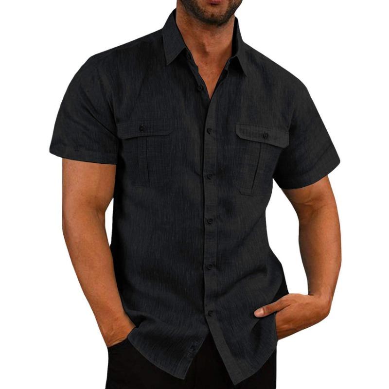 Men Linen Blend Short Sleeve Button Down Shirt Casual Summer Beach Top With Dual Chest Pockets