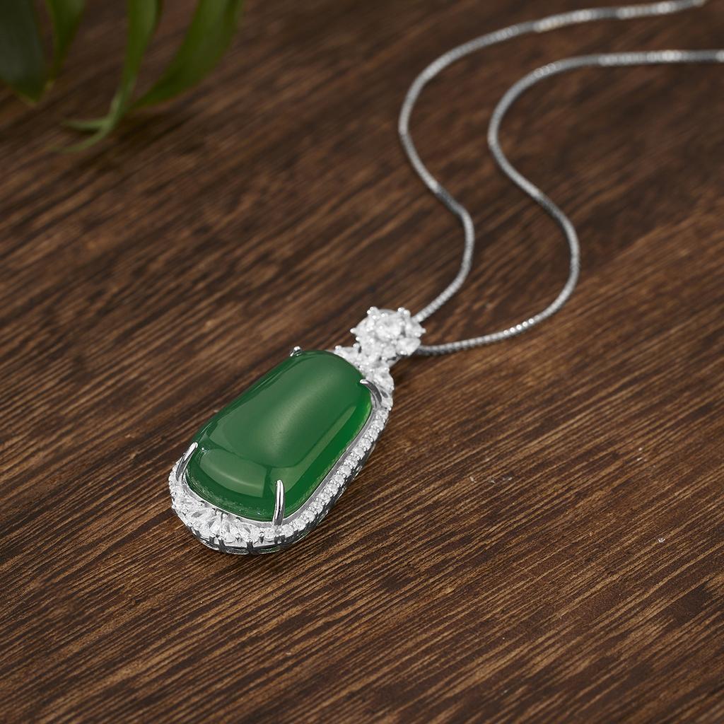 S925 Sterling Silver Inlaid Natural Chalcedony Ping An Plaque Necklace, Luxury National Style Jade Pendant Clavicle Chain for Women