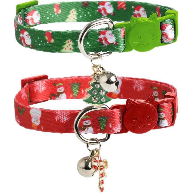 Christmas Cat Collar Breakaway with Bell 2 Pack Nylon Adjustable Kitten Collars