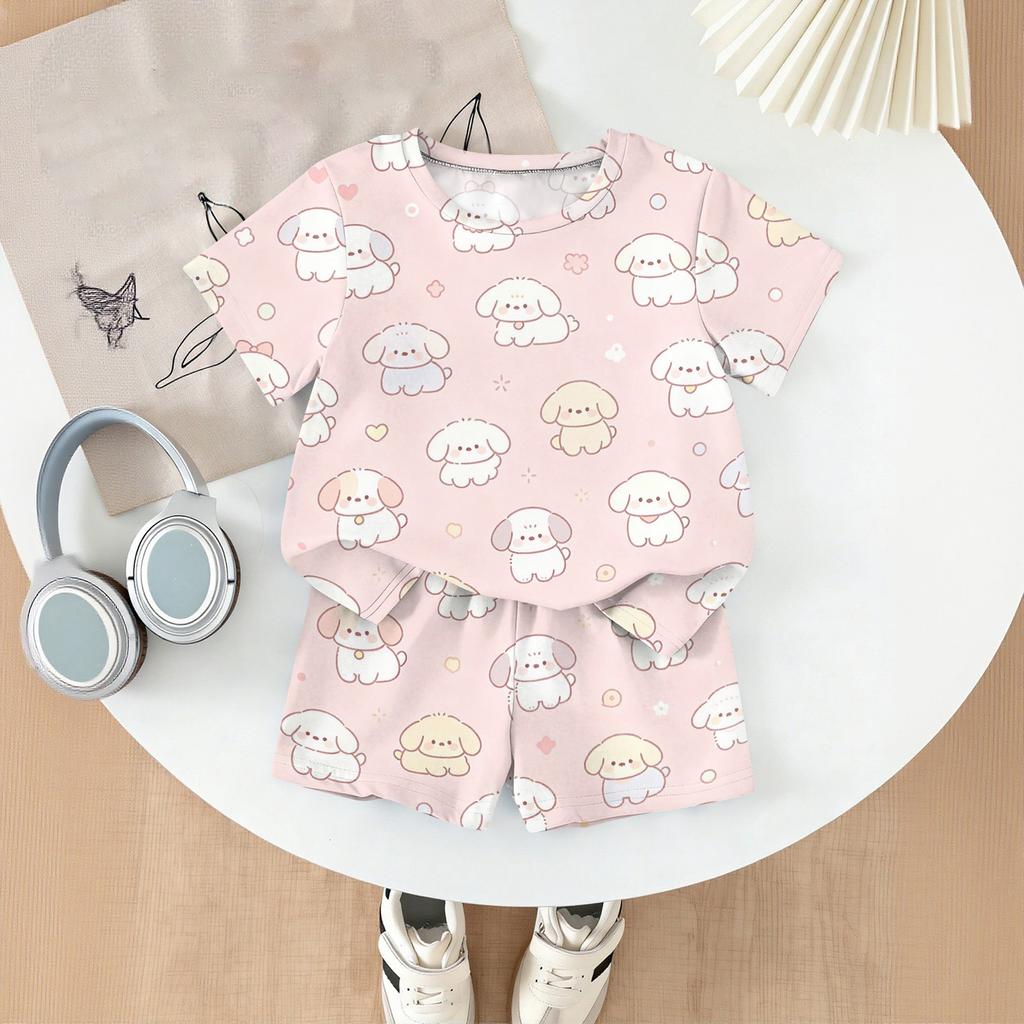 Kids Casual Short Sleeve Top and Shorts Set Animal Print Two Piece Outfit Comfortable Lightweight Soft Fabric Summer Wear
