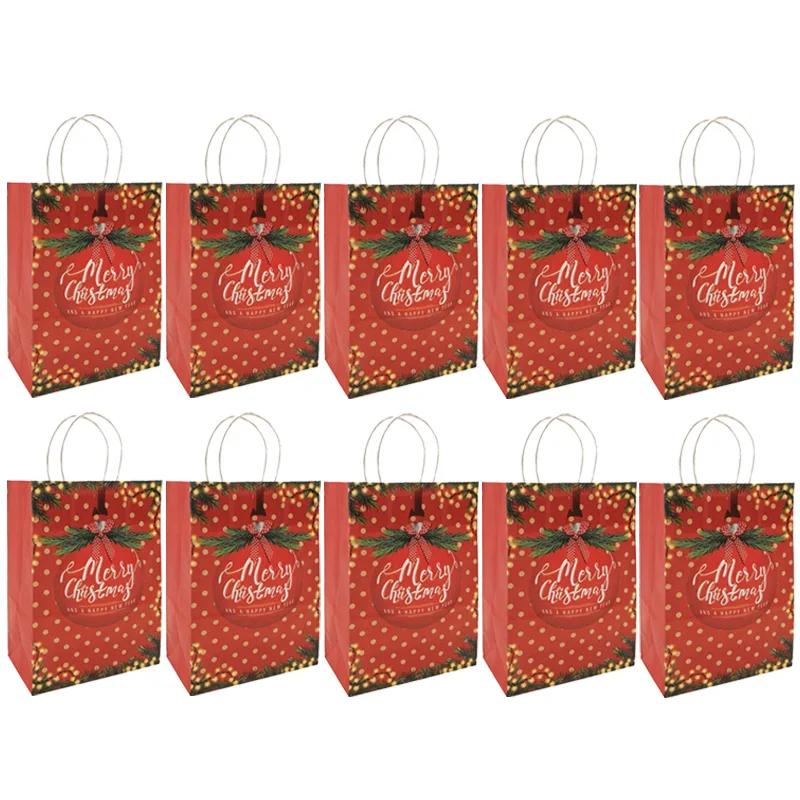 10PCS Santa Claus Snowman Kraft Paper Bags Xmas Party Decor Candy Gift Handle Pakcaging Bag New Year Eve Merry Christmas Supplie