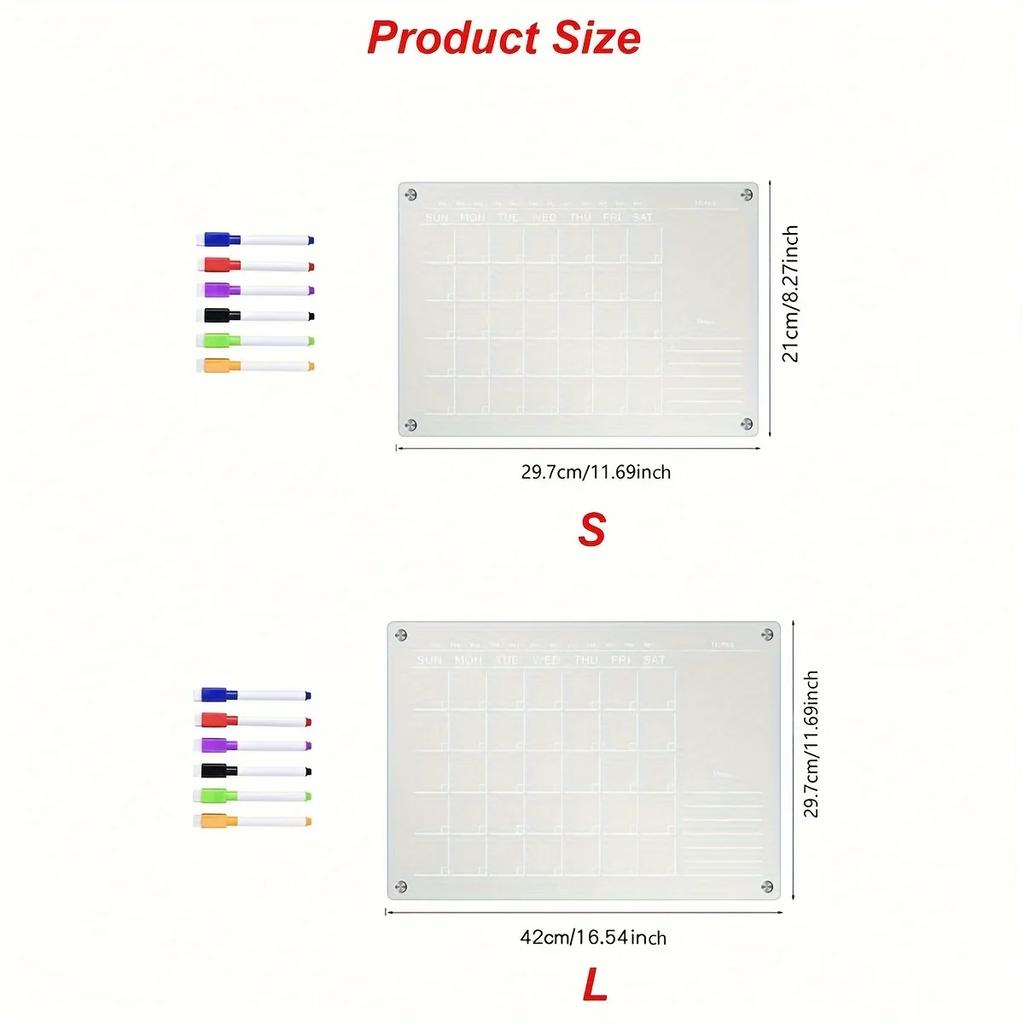 1pc-Flat Board Transparent White Acrylic Magnetic Refrigerator Sticker. Including 6 Magnetic Marker pens,Record Daily Plans