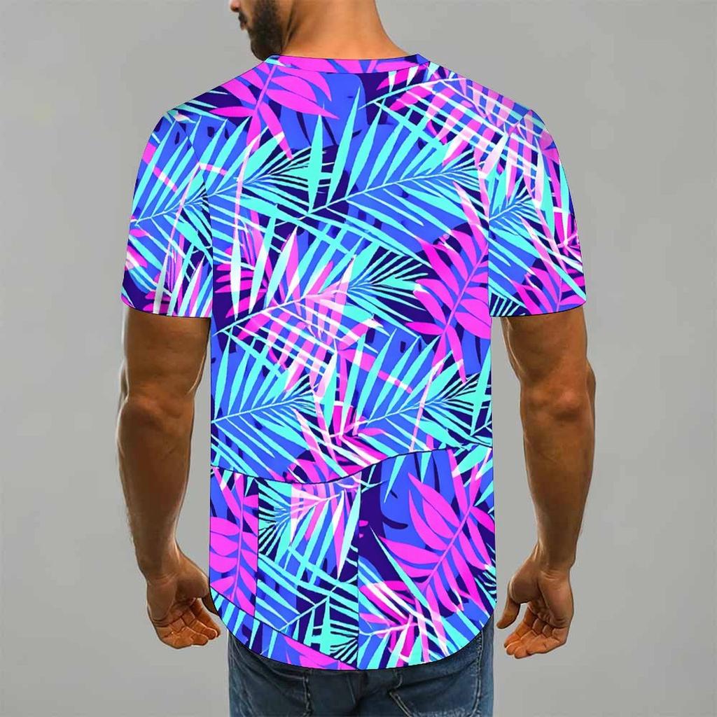 Women Short Sleeve Crew Neck T Shirt Black White Silvery Tropical Palm Leaf All Over Print Top