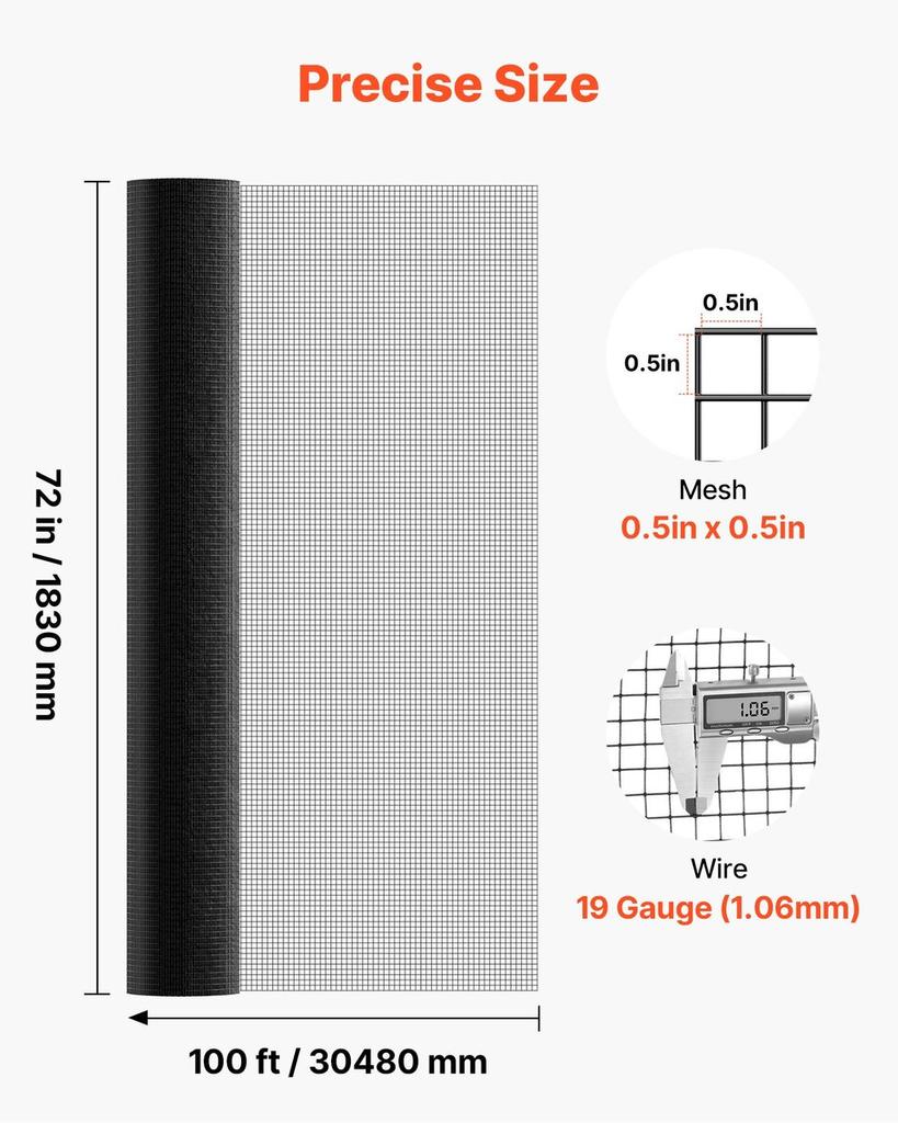 Hardware Cloth 183cm x 30.4m, 1/2 in 19 Gauge Galvanized Wire Mesh Roll, Weather-Resistant Vinyl Coated Chicken Wire Fencing, Heavy Duty Welded Garden