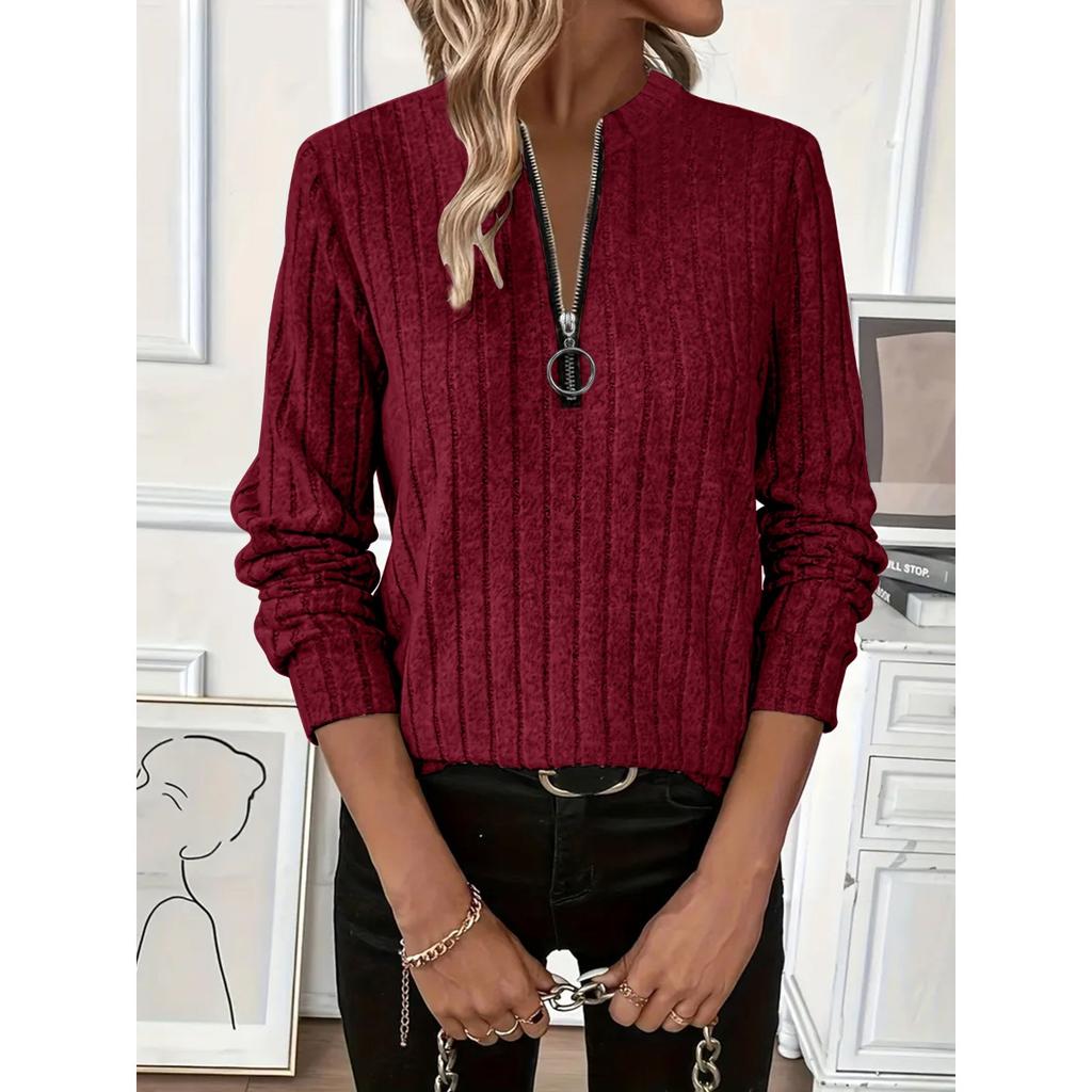 Høst og Vinter Dame Strikket Ribbestrikket Ensfarget Stoff Glidelås Langermet Dame T-skjorte