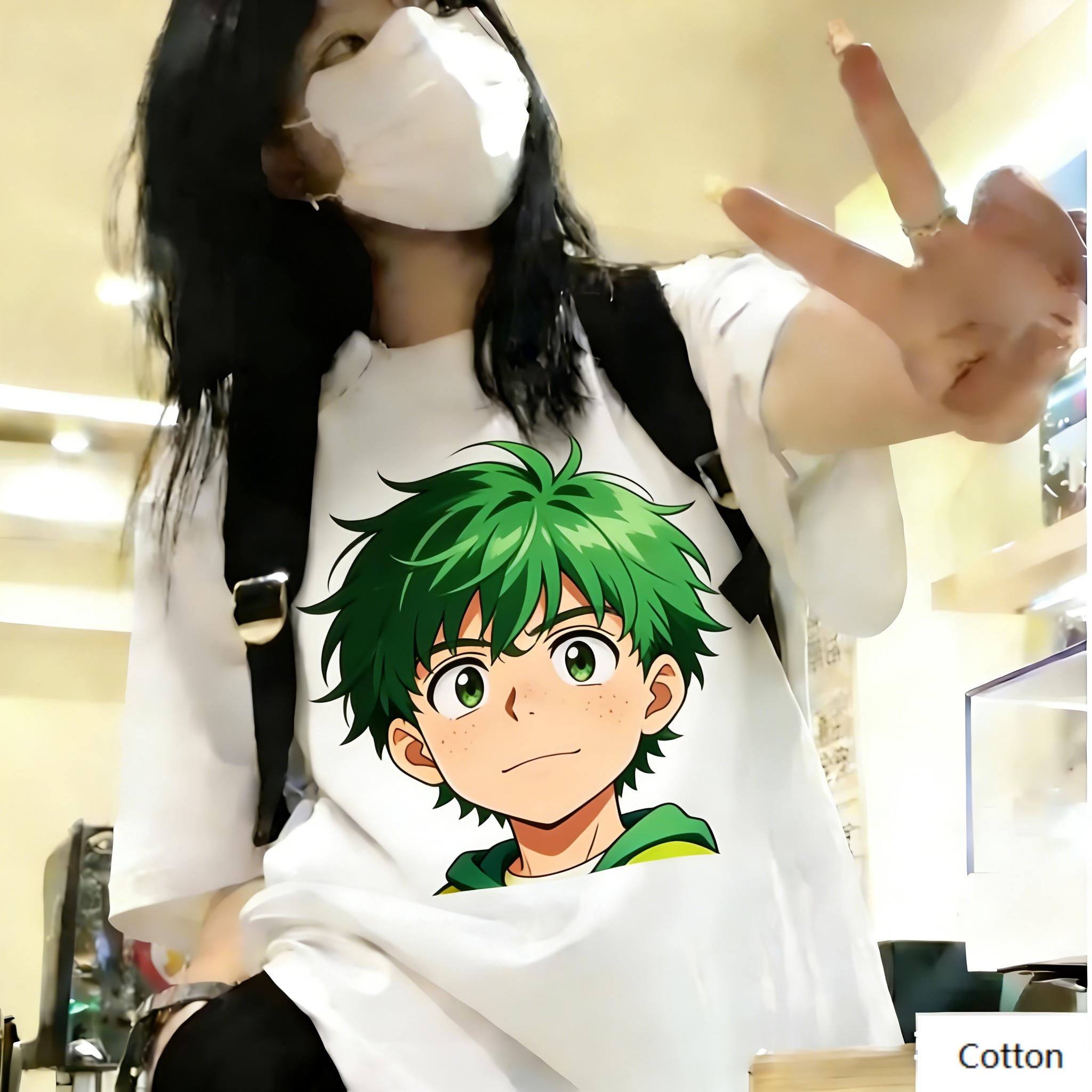 

Japanese Style Unisex Cotton TShirt Featuring Fresh Green Hair Boy Design Bright Color Block Print Top Perfect for Anime Fans 4XL