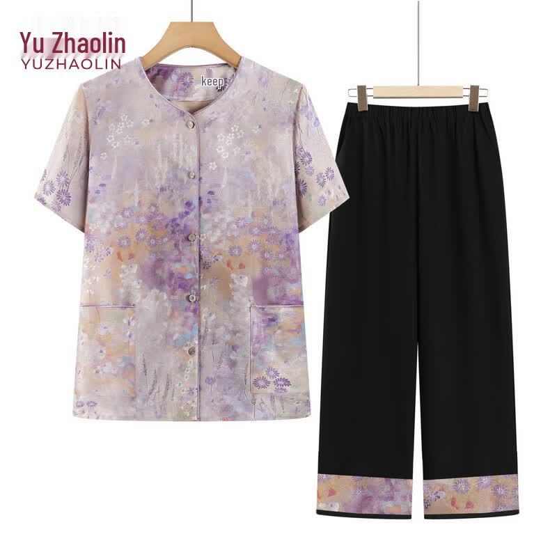Yuzhaolin Elderly Women s Floral Summer Shirt Set 3XL