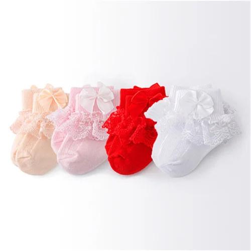 4 Paare/Los Frühling Herbst Neugeborene Babysocken für Mädchen Baumwolle Spitze Säuglingsmädchen Socke Prinzessin Schleife Kleinkind Baby Mädchen Socken 0-24M