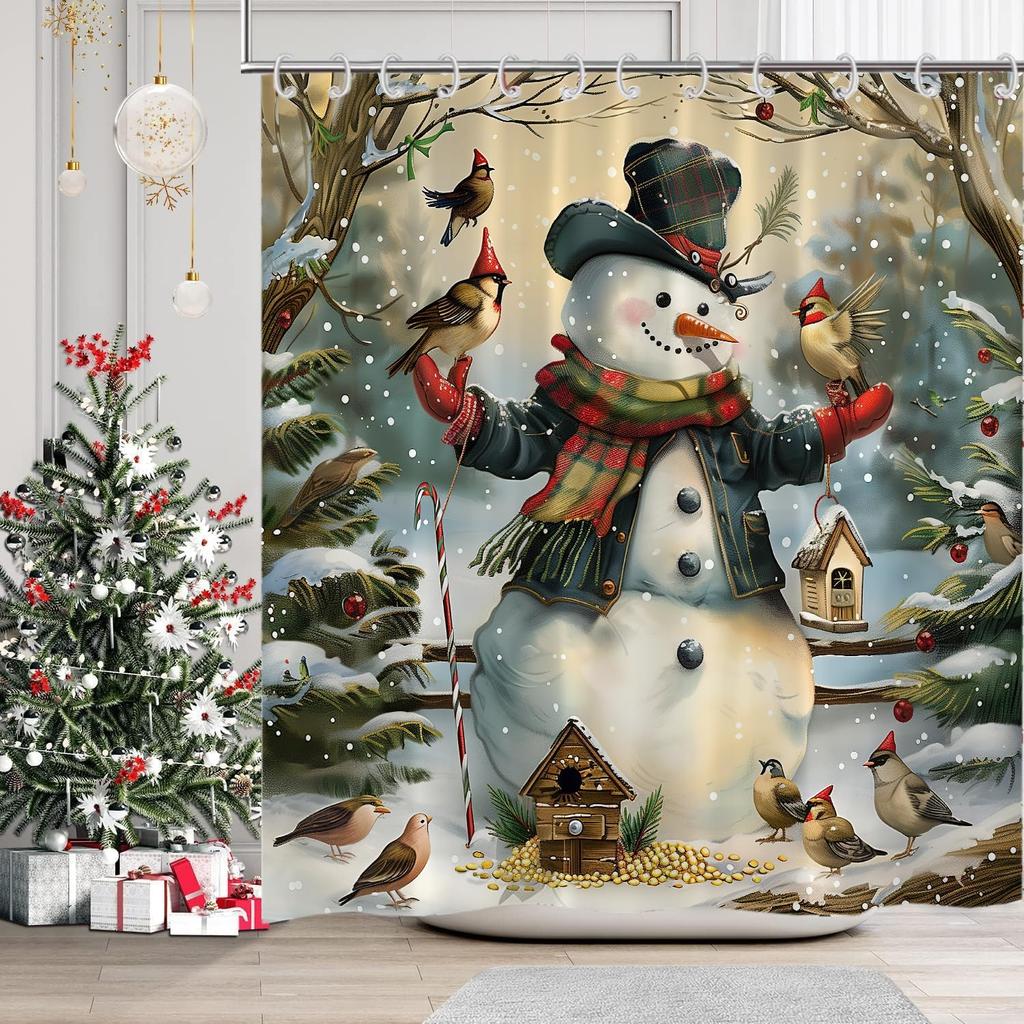 Christmas Shower Curtains Merry Xmas Green Christmas Tree Winter White Snow Gold Stars Red Scarf Bathroom Shower Curtain Xmas