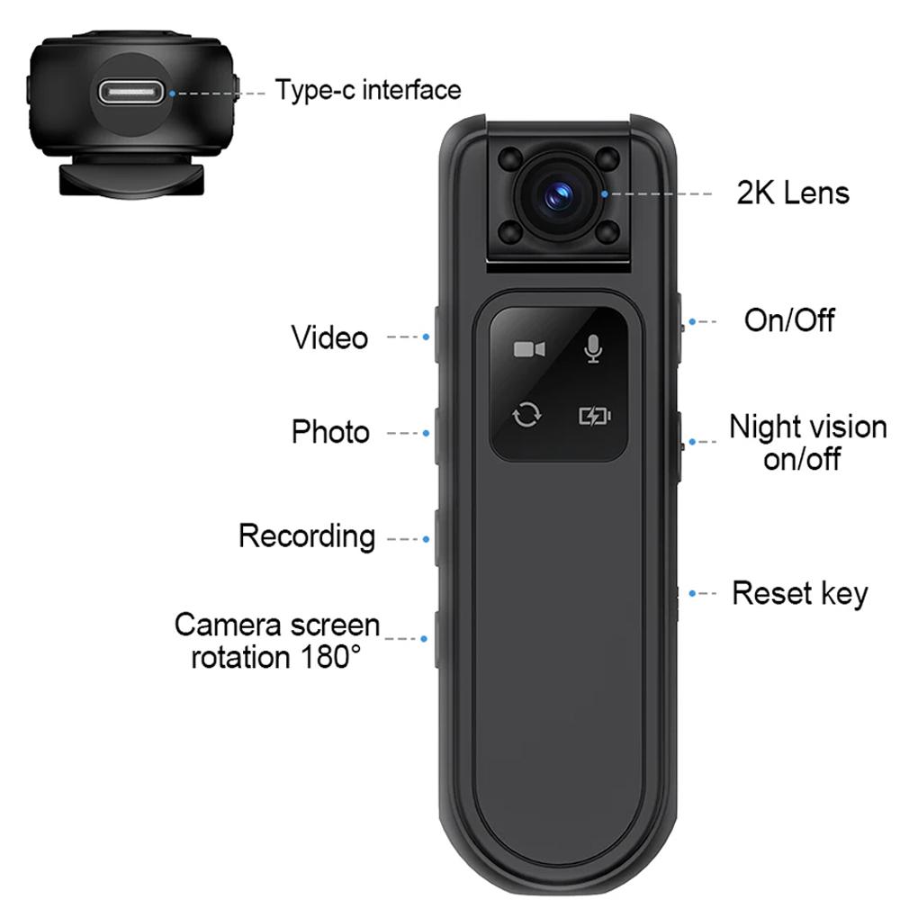 2K HD Mini Camera WiFi 180° Rotatable Lens Outdoor Sport Video Recorder Night Vision Police Body Cam Back Clip Long Battery Life