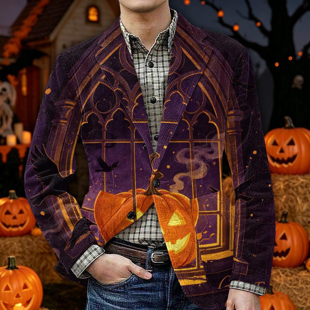 Men's Halloween Printed Corduroy Warm Blazer Jacket with Pockets Casual Suit Coat Button Front Corduroy Fabric Outerwear for Fall and Winter