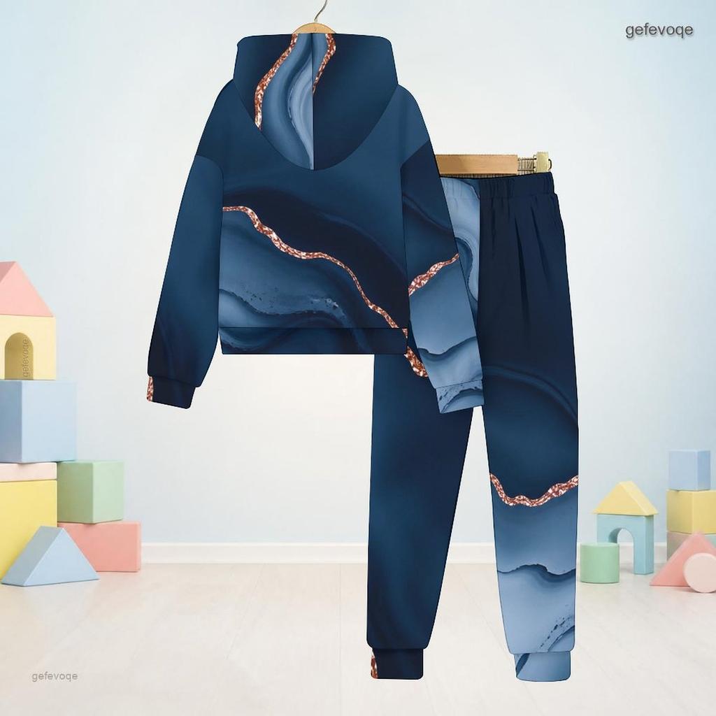 Boys Girls Hooded Long Sleeve Sweatshirt Marble Printed Blue Gold Cuffed Pants Two Piece Set