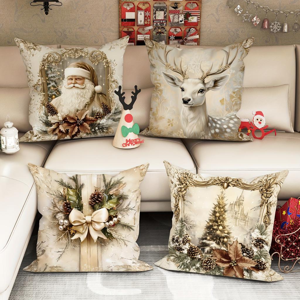 4-Piece Santa Claus Reindeer Tree Bow Pillowcase Set, Vintage Gold And White Comfortable Soft Decorative Cushion Covers