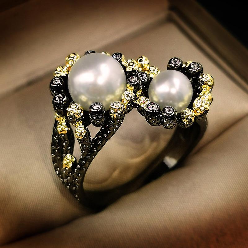 Inel Vintage din Argint Sterling Baroc cu Perle de Apă Dulce pentru Femei, Negru Umplut cu Aur, Cocktail, Bijuterii Fine, Cadou