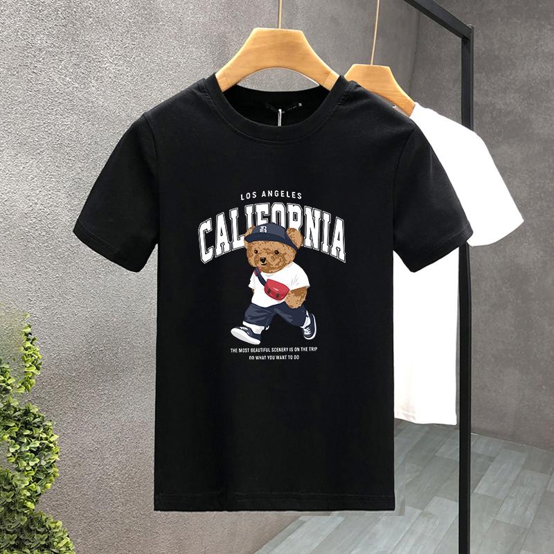 Walking Bear Print T-Shirt - Soft Breathable Short Sleeve Crew Neck Casual Top for Summer & Spring - men's Relaxed