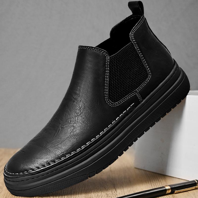 Tooling Shoes Men's 2025 Autumn New Leather Mid-top Chelsea Short Boots Flat-bottomed Non-slip One-pedal Casual Men's Shoes