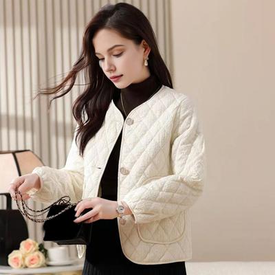 Women Single-breasted Jacket Solid Color Rhombus Checkered Coat Autumn Winter Loose Imitation Silk Cotton Padded Jacket for Everyday Wear