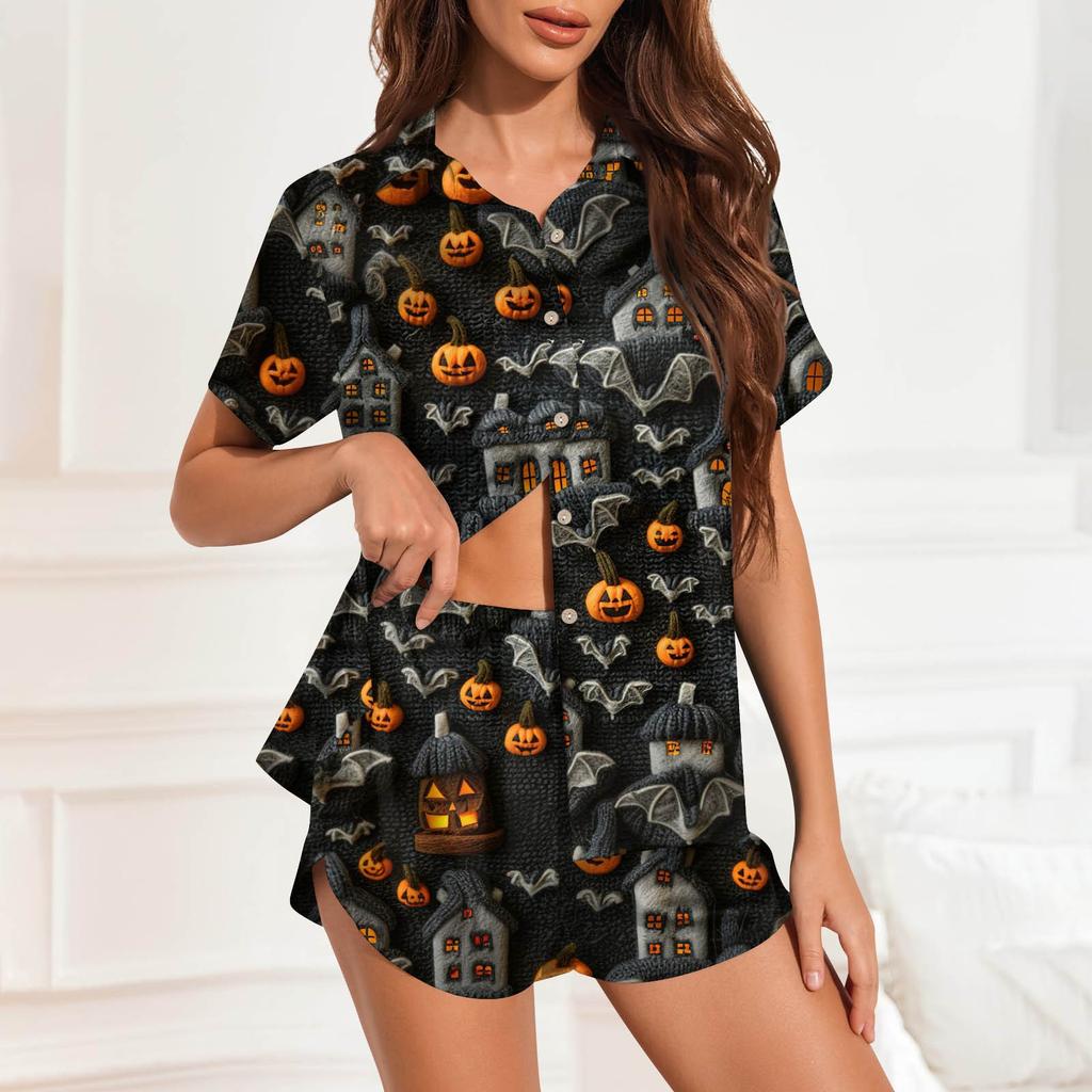 Dam Pyjamas i Issilke Knappar Hemmakläder Halloween Tryckt Kortärmad Satin Pyjamasset
