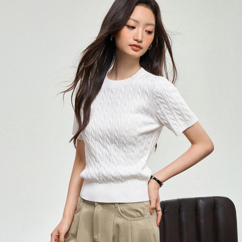 % Cotton knitted sweater women's summer new temperament high-end sense thin twist thin short-sleeved crew neck top thin
