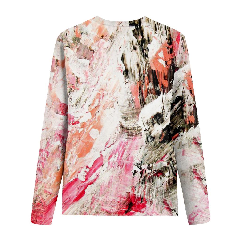 Women's Fashion Casual Long Sleeve Print Round Neck Pullover Top Blouse
