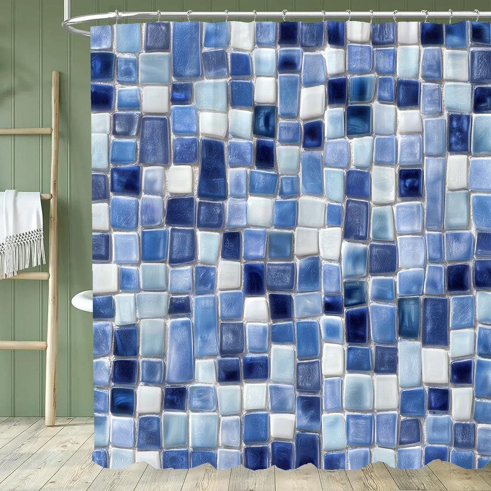 Geometric Square Mosaic Pattern Shower Curtain, Bathroom Decorative Shower Curtain, Waterproof Shower Curtain With Hooks