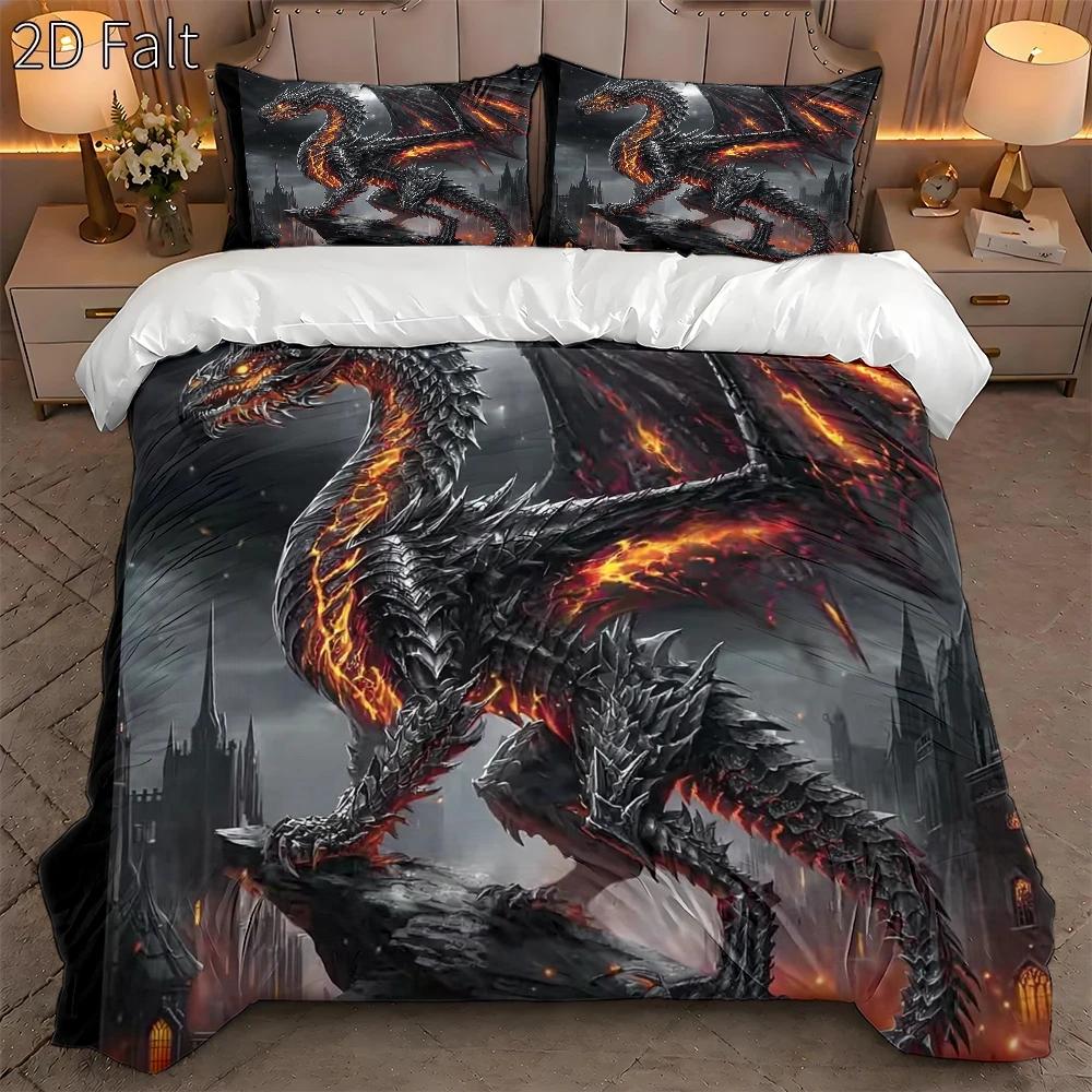 Dark Flame Dragon Quilt Cover Set 3 Piece Bedding Set with 2 Pillowcases, 2D Flat Print Duvet Cover Invisible Zipper