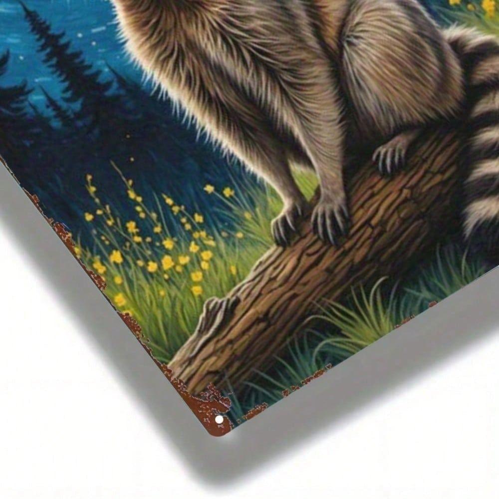 Vintage Raccoon Metal Wall Art Night Sky Tin Sign Home Decor