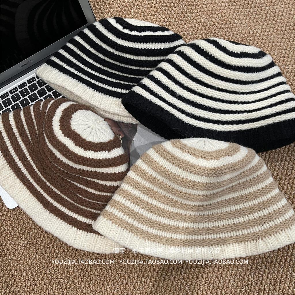 Sweet Knitted Striped Bucket Hat Women's New Autumn and Winter Wool Basin Hat