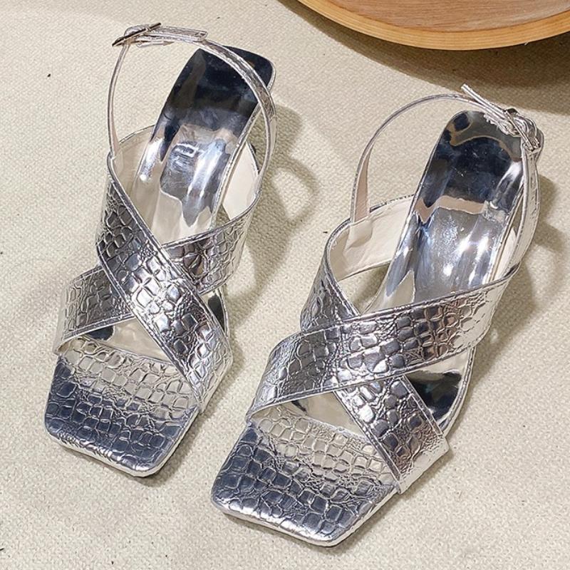 

Fashion Elegant Women High Heels Sandals Designer Heeled Shoes 2025 Trend Summer Fashion New Pumps Square Toe Buckle Sandalias De Mujer 42 серебряный