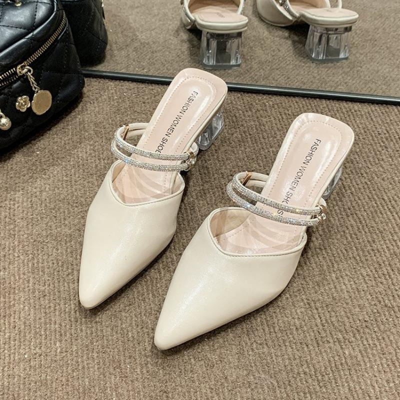 Fashion pointed high heels summer new thick heel solid color rhinestone sandals daily casual lady bag head slippers