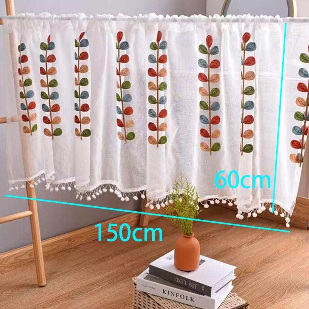 Semi Sheer Voile Drapes Embroidered Leaves Short Curtains Home Decoration Bath Curtain  Cafe