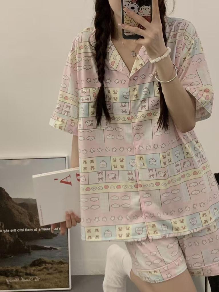 Japanese ins sweet pajamas women's summer short-sleeved shorts Hello Kitty suit student dormitory can wear loungewear outside