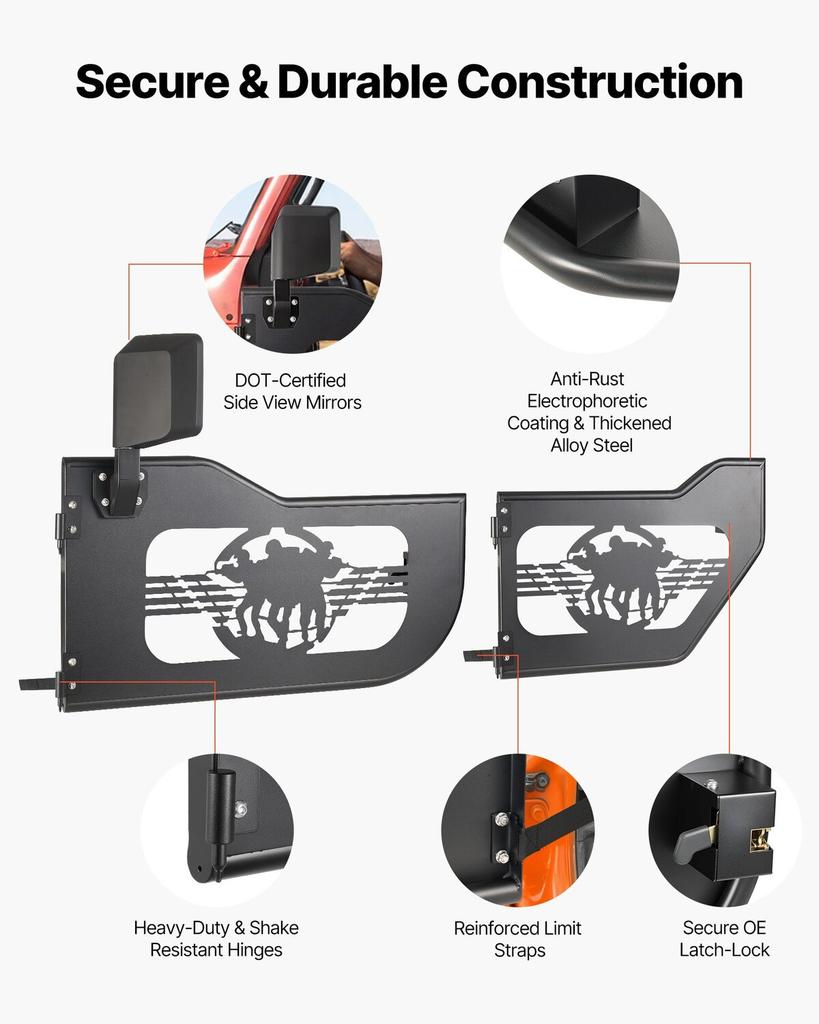 Jeep Tube Doors, 4-Door, Fit for 2018-2026 Jeep Wrangler JL & 2020-2026 Gladiator JT, Soldier Pattern Off Road Front & Rear Tubular Half Doors with