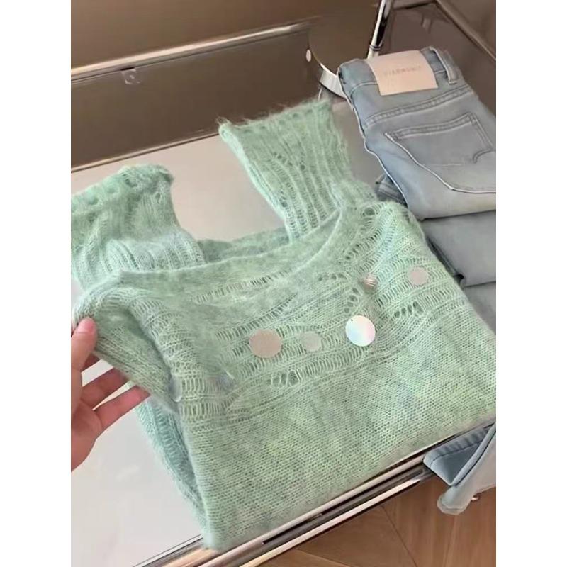 

Мятно-зеленый тенсел лен ажурный вязаный модный комфортный топ тяжелая промышленность пайетки сверкающий комфортный свитер женский M