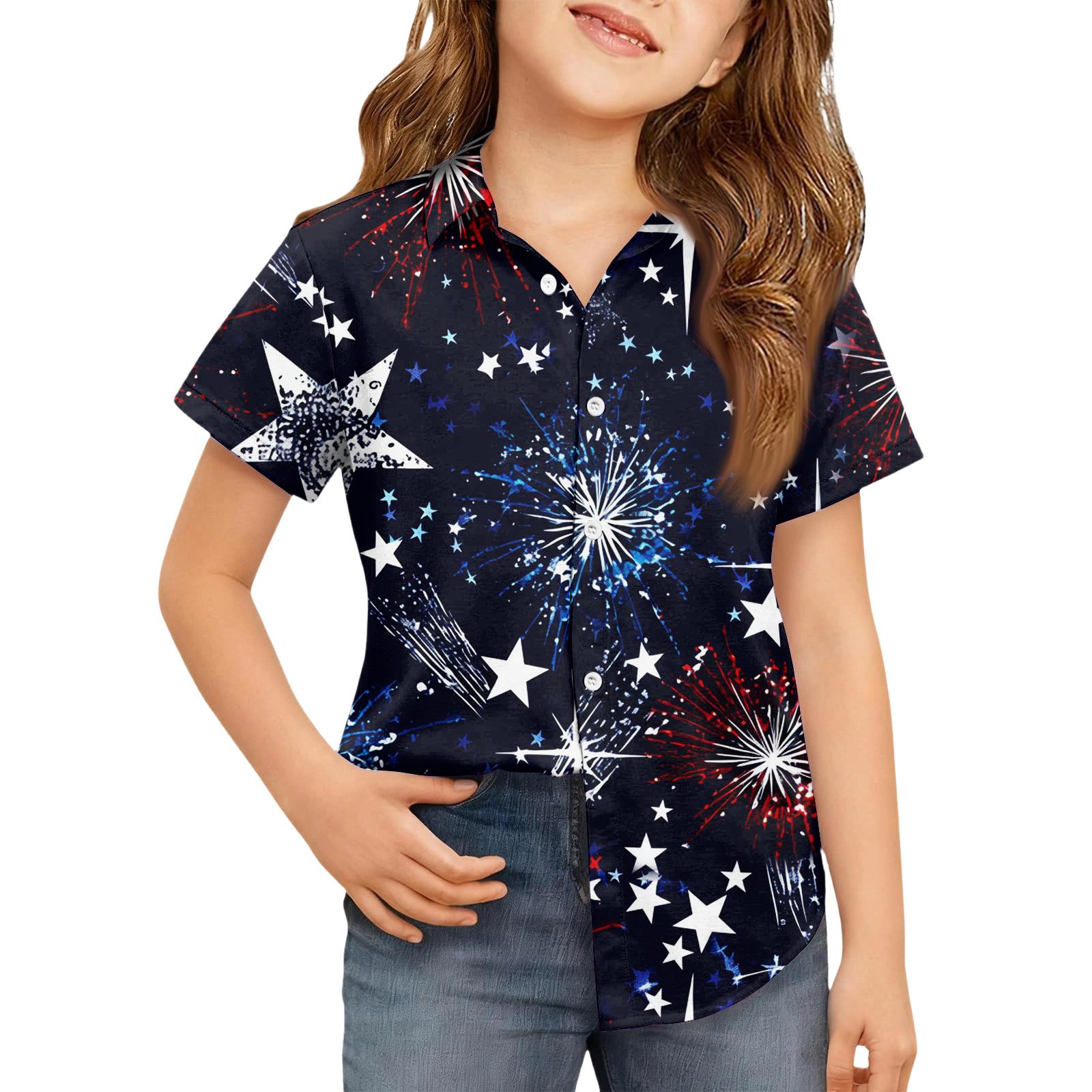 Summer Girls  Short Sleeve Blouse School Uniform Button-Up Shirt Kids Summer School Uniform Button Down Shirt 120