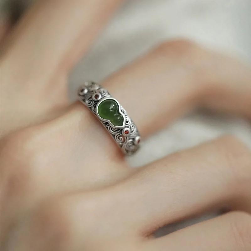 Jasper Auspicious Cloud Gourd Ring Female Niche Retro National Style Palace Opening Inlaid with New Chinese Style