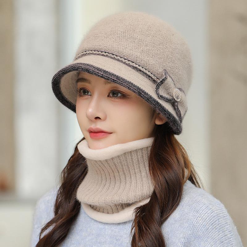Autumn Winter Women's Rabbit Fur Hats Neck Scarf Sets Solid Color Basin Hat Knitted Woolen Caps Warm Casual Fisherman Hats with Scarf Trendy